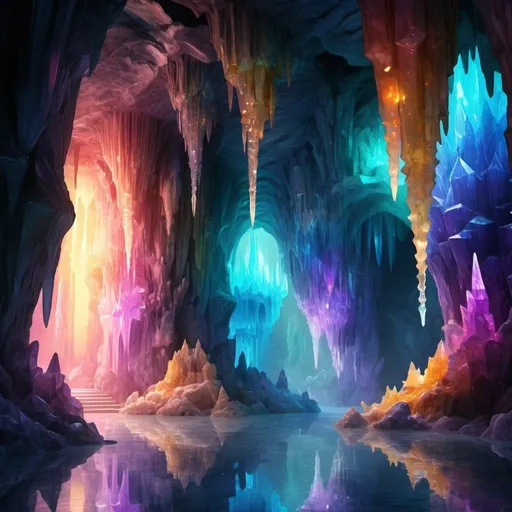 Prompt: Glowing crystal cavern, vibrant colors, shimmering reflections, magical ambiance, ethereal glow, intricate patterns, majestic stalactites, sparkling stalagmites, hidden passageways, mysterious shadows, fantasy setting, digital art, high resolution, detailed textures, iridescent hues, soft and enchanting lighting.