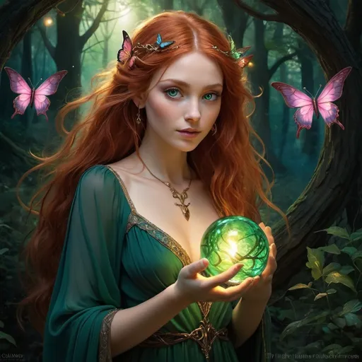 Prompt: Enchanting fantasy maiden with elvish features, pointed ears, captivating green eyes, flowing red hair, long and wavy, delicate hands holding a swirling orb in golden, blue, pink, and green hues. Dark, shadowy forest backdrop illuminated by the orb's light, revealing glowing pixies with butterfly wings fluttering around. Tangled locks cascading around her shoulders, adorned with charms, multiple bracelets, and a green dress matching her eyes. Exuding an impish aura, reminiscent of a storybook illustration, set in the nighttime ambiance.