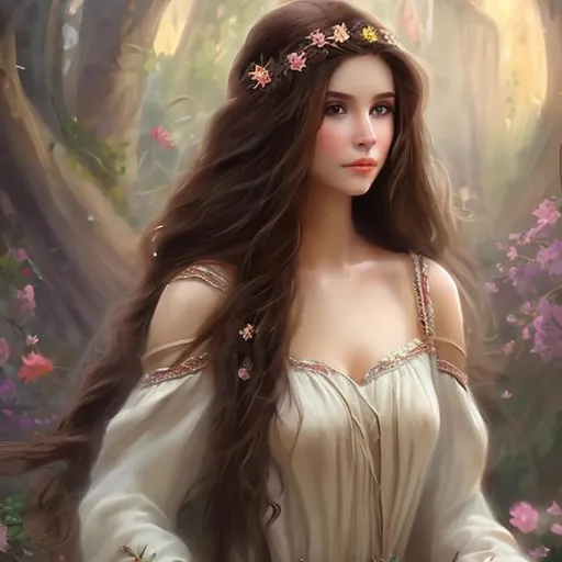 Prompt: fantasy dreamy brunette maiden long hair wearing a modest simple dress 
shoulders covered
enchanting painting