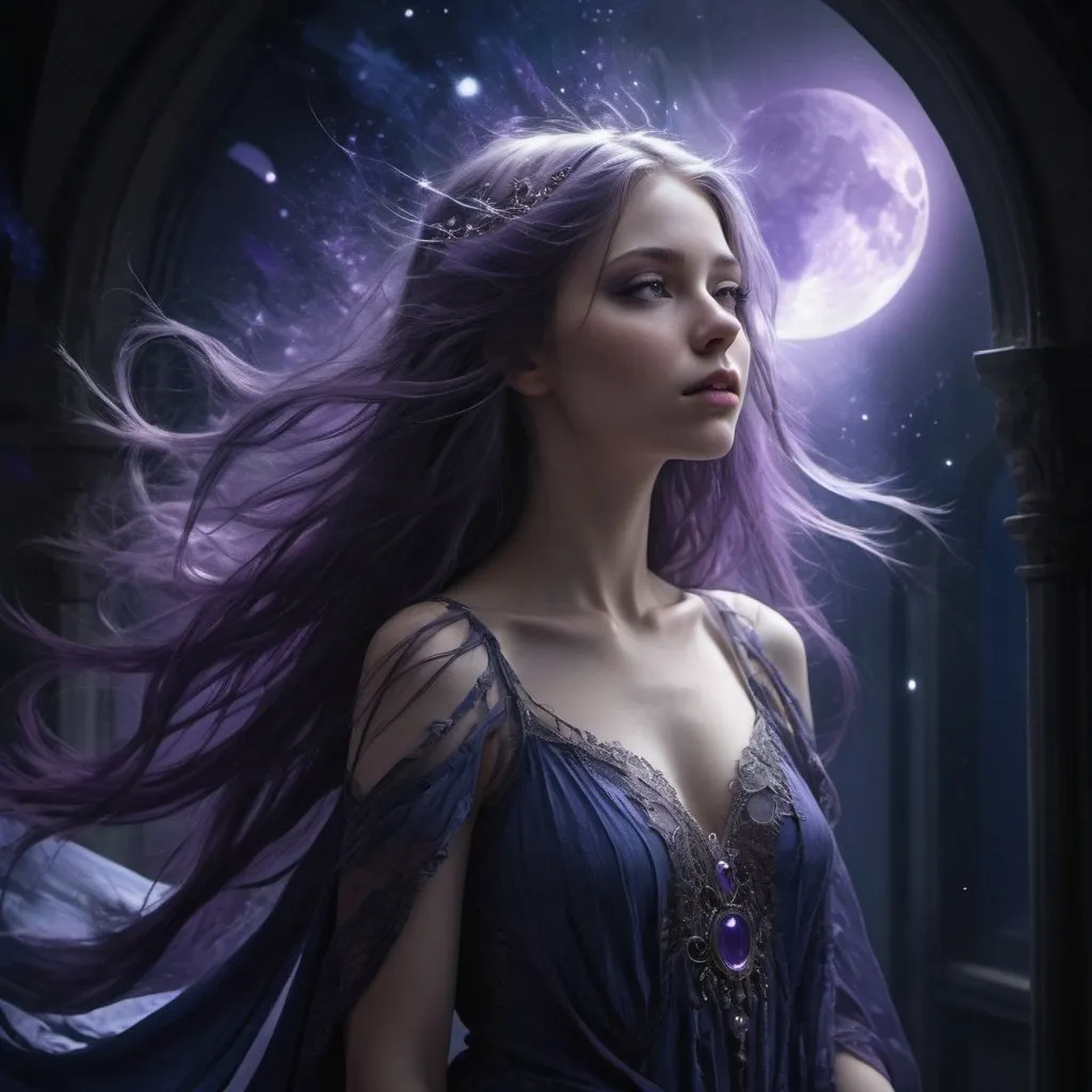 Prompt:  evocative storytelling, digital art, intricate details, deep blues, purples, blacks, dramatic lighting. Pale fantasy maiden, standing in the midst of a ray of moonbeams, with her hair down around her. She is stunning. 