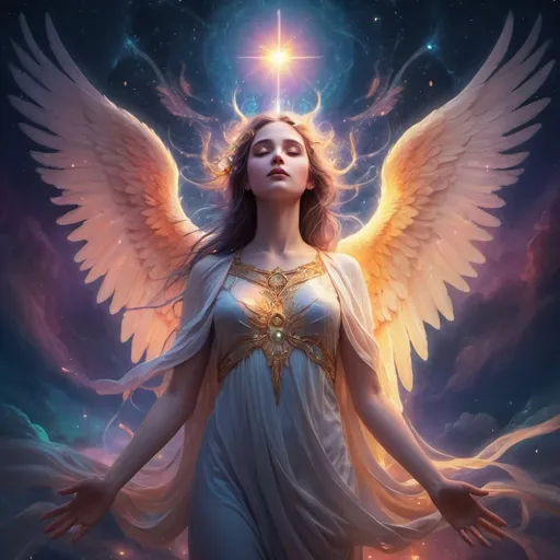 Prompt: Ethereal celestial beings, angelic figures in a vibrant realm, twilight ambiance, mystical whispers, soaring above earthly realm, emotional connection portrayed, beauty within sorrow, silence filled with music, intense and surreal colors, intricate and detailed design, emotional depth through symbolic elements, digital artwork, glowing light sources, soft warm lighting, conveying hope and presence, ArtStation.