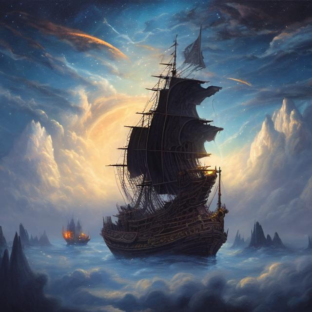 Prompt: a fantasy painting of a fantasy ship or barge sailing through the clouds in the night sky