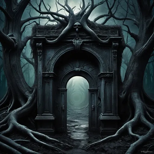 Prompt: Ethereal landscape, fractured reality, mysterious illusions, creeping shadows, eerie trees, forbidden land, doors to the unknown, riddles and mysteries, dark horizon, surreal atmosphere, haunting presence, fantasy realm, digital art, intricate details, dark and mystical color palette, dramatic lighting, inspired by H.R. Giger and Zdzisław Beksiński, ArtStation.