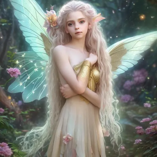 Prompt: A fantasy photorealistic painting of an ethereal fairy, nymph, pixie, modestly dressed, beautiful, enchanting, magical image. She has long, flowing blonde hair, small golden eyes. A skirt made of flower petals. Long, colorful wings. mature, wise looking. Queenly. Swashbuckle style, pirate fairy queen. 