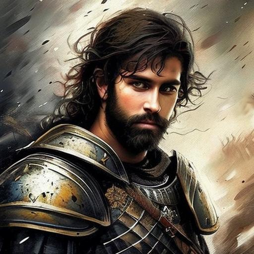 Prompt: fantasy handsome king with dark hair medieval in a battle 
epic painting