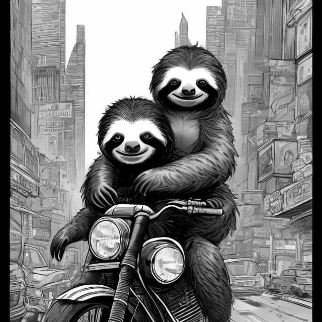 Prompt: a sloth riding a motorcycle through a big city, comic, black and white