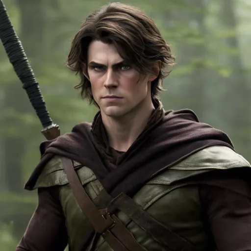 Prompt: There is a fantasy young man, handsome, with a square, masculine jaw and a determined look on his face, he has green eyes and medium length brown hair, that covers one eye. He looks serious, cautious. He is dressed in a fantasy ranger cloak. His hair comes down over his eyes. Photorealistic, hyperrealistic.
