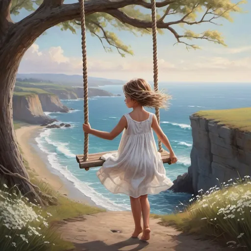 Prompt: Cliffs overlooking the seaside, dynamic waves crashing, rustic wooden fence lining the cliff edge, expansive ocean view with a distant horizon, sky painted with the colors of dawn, a solitary tree standing prominently with thick, twisting branches, a weathered swing gently swaying, an innocent child with ringlet hair and sparkling gray eyes, dressed in a flowing white homespun dress adorned with little white flowers, wild blooms scattered around, a charming woven rope swing hanging from a sturdy branch, capturing a moment of pure joy and innocence, detailed illustration blending realism with a touch of fantasy, vibrant and bright color palette bringing the scene to life, warm and inviting lighting enhancing the emotional connection, available on Artstation. Oil on canvas, digital art