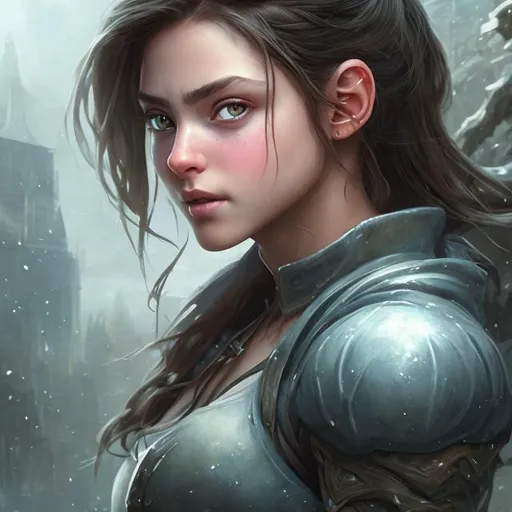 Prompt: There is a fantasy maiden, beautiful, with a piercing gaze, she has soft green eyes and brown hair.. small eyes, small lips, no makeup. photorealistic. She is dressed in modern clothes. Epic, romantic fantasy painting. Super detailed painting. Detail oriented around the face and eyes.