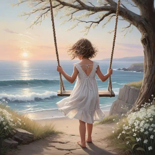 Prompt: Cliffs overlooking the seaside, dynamic waves crashing, rustic wooden fence lining the cliff edge, expansive ocean view with a distant horizon, sky painted with the colors of dawn, a solitary tree standing prominently with thick, twisting branches, a weathered swing gently swaying, an innocent child with ringlet hair and sparkling gray eyes, dressed in a flowing white homespun dress adorned with little white flowers, wild blooms scattered around, a charming woven rope swing hanging from a sturdy branch, capturing a moment of pure joy and innocence, detailed illustration blending realism with a touch of fantasy, vibrant and bright color palette bringing the scene to life, warm and inviting lighting enhancing the emotional connection