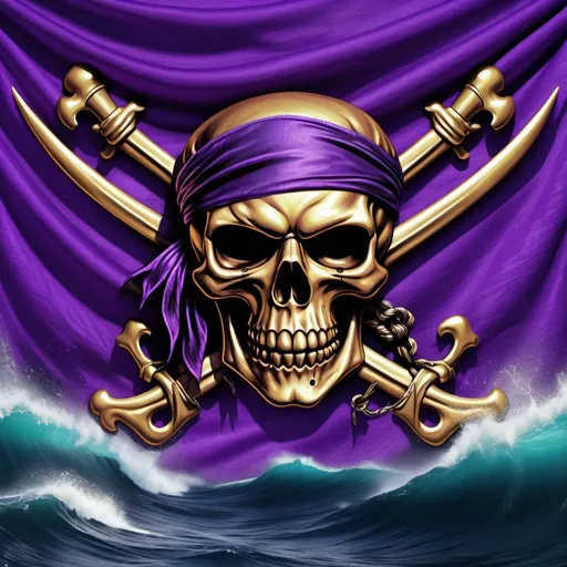 Prompt: Majestic pirate flag, floating on the waves, ominous black colored skull on vibrant purple fabric, intricate details, realistic textures, high-resolution, striking contrast, dramatic lighting, waves gently splashing, fantasy elements, digital illustration, by renowned fantasy artists, Artstation. Oil on canvas, extremely detailed image, animation, cool