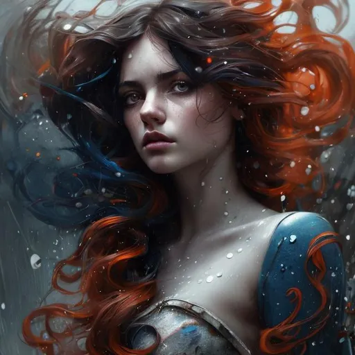 Prompt: Blue and orange stunning Waterhouse young woman with massive hair and dark eyes, black and red and white, splash_art, Karla_Gerard, Paul_Barson, Lucy_Grossmith, whimsical, Peter_Coehlo, detailed background, dramatic effect, moody, cinematic lighting, perfect composition, beautiful detailed intricate insanely detailed octane render trending on artstation, 8 k artistic photography, photorealistic concept art, soft natural volumetric cinematic perfect light, chiaroscuro, award - winning photograph, masterpiece, oil on canvas, raphael, caravaggio, greg rutkowski, beeple, beksinski, giger