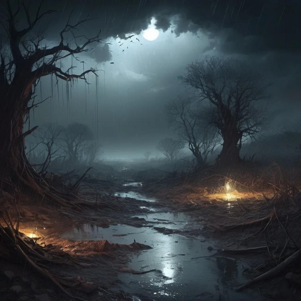 Prompt: Melancholic fantasy landscape, transition from light to darkness, symbolic representation of lost love, emotional turmoil, tears turning into rain, shattered illusions, desolate atmosphere, poetic inspiration, digital painting, intricate details, surreal elements, contrasting color palette of light and dark shades, dramatic lighting effects, evocative and haunting ambiance, no specific artist, Artstation.