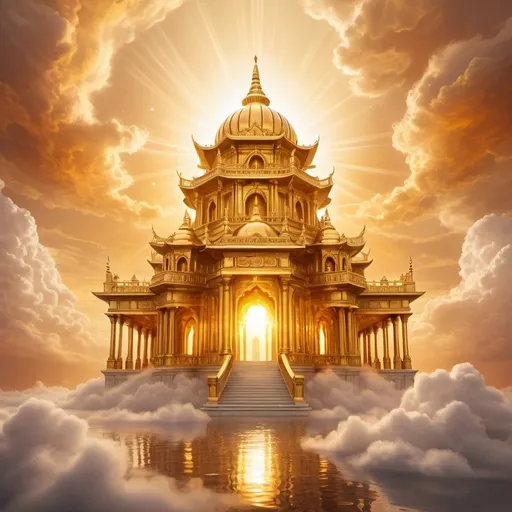 Prompt: Golden marble temple, floating on clouds, celestial setting, grand architecture, intricate gold details, warm sunset sky, gradient of warm colors, flying mythical creatures, ethereal light beams, mystical ambiance, majestic pillars, divine glow, heavenly atmosphere, digital painting, high detail, surreal and enchanting, radiant lighting, fantasy realm.