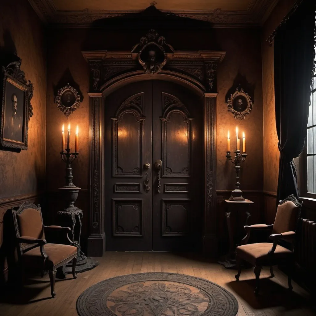 Prompt: Shadowy chamber door, eerie tapping sound, dimly lit room, heavy velvet curtains, ghostly embers casting flickering shadows, mysterious visitor silhouette, haunting atmosphere, gothic decor, intricate wood carvings, vintage candle holders, aged leather-bound books, intricate patterns on the floor, ornate keyhole, ominous silence, dark and brooding color palette, dramatic lighting, by Edgar Allan Poe and Salvador Dali, Artstation. 