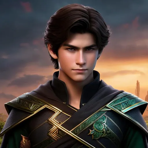 Prompt: There is a teenaged boy, handsome, with a square, masculine jaw and a determined look on his face, he has green eyes and medium length brown hair, that covers one eye. He looks serious, cautious. He is dressed in a fantasy ranger cloak.
Photorealistic, perfect quality