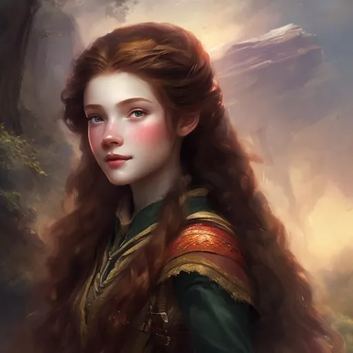 Prompt: Head portrait of a young ranger dressed modestly, beautiful and long, light red hair. She is wearing a dress, and looks dreamy. Epic painting