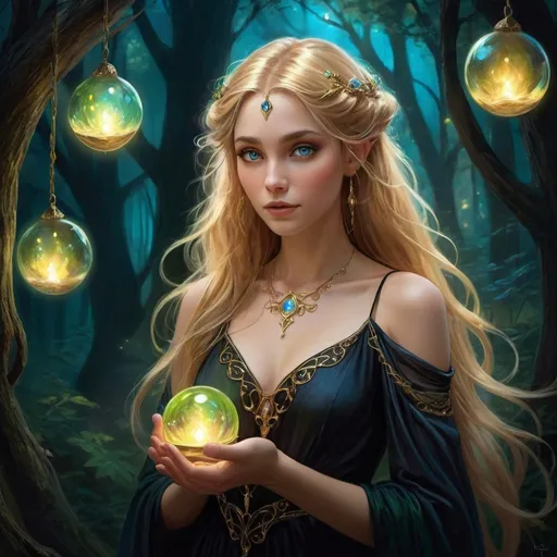 Prompt: Enchanting fantasy maiden with elvish features, pointed ears, captivating gold eyes, flowing brown golden blonde hair, long and wavy, delicate hands holding a swirling orb in golden, blue, pink, and green hues. Dark, shadowy forest backdrop illuminated by the orb's light, revealing glowing lights fluttering around. Tangled locks cascading around her shoulders, adorned with charms, multiple bracelets, and a black mourning gown dress. Exuding an impish aura, reminiscent of a storybook illustration, set in the nighttime ambiance. Fantasy painting, image, digital art, beautiful, elegant, stunning