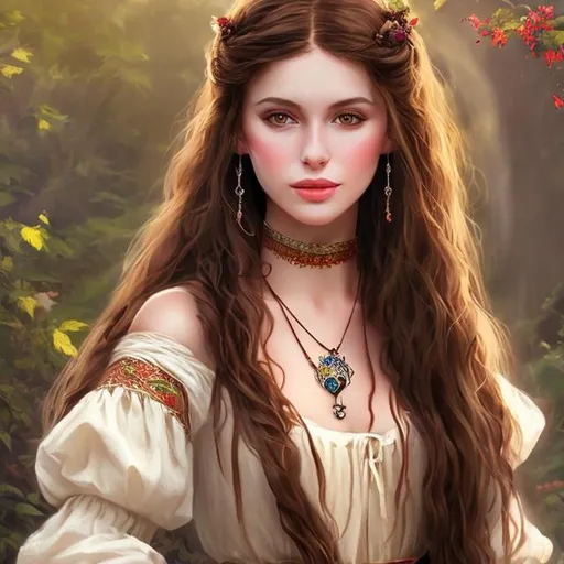 Prompt: fantasy brunette peasant maiden long hair wearing a modest high neckline simple dress
small locket necklace
enchanting painting