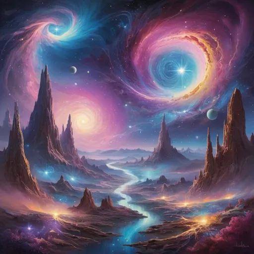 Prompt: A mesmerizing cosmic odyssey unfolds, featuring a celestial vista teeming with ethereal entities and interconnected spirits. The scene is a symphony of swirling galaxies and radiant star clusters, enveloped in a mystical aura that transcends reality. Vibrant nebulae paint the cosmic canvas with hues of cosmic blues, purples, pinks, and golds, creating a surreal atmosphere of cosmic harmony. Ethereal beings traverse this cosmic landscape, resonating with profound emotional connections and weaving a tale of interconnected souls. Futuristic elements subtly enhance the scene, adding a touch of otherworldly charm to the intricate details. Mesmerizing light effects dance across the composition, illuminating glowing celestial bodies and enhancing the storytelling with a cosmic lighting scheme. This digital masterpiece is crafted with high-resolution precision, showcasing the artistry of a cosmic journey through the boundless wonders of the universe. 