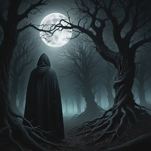 Prompt: Dark and eerie forest, twisted trees, foggy atmosphere, full moon peeking through branches, ominous shadows, hooded figure in the background, glowing eyes, haunting aura, chilling wind, eerie silence, mysterious and unsettling vibe, digital painting, high contrast, deep blacks and grays, moonlit color palette, by Zdzisław Beksiński, ArtStation.