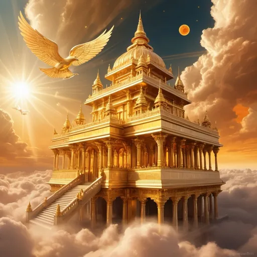 Prompt: Golden marble temple, floating on clouds, celestial setting, grand architecture, intricate gold details, warm sunset sky, gradient of warm colors, flying mythical creatures, ethereal light beams, mystical ambiance, majestic pillars, divine glow, heavenly atmosphere, digital painting, high detail, surreal and enchanting, radiant lighting, fantasy realm.