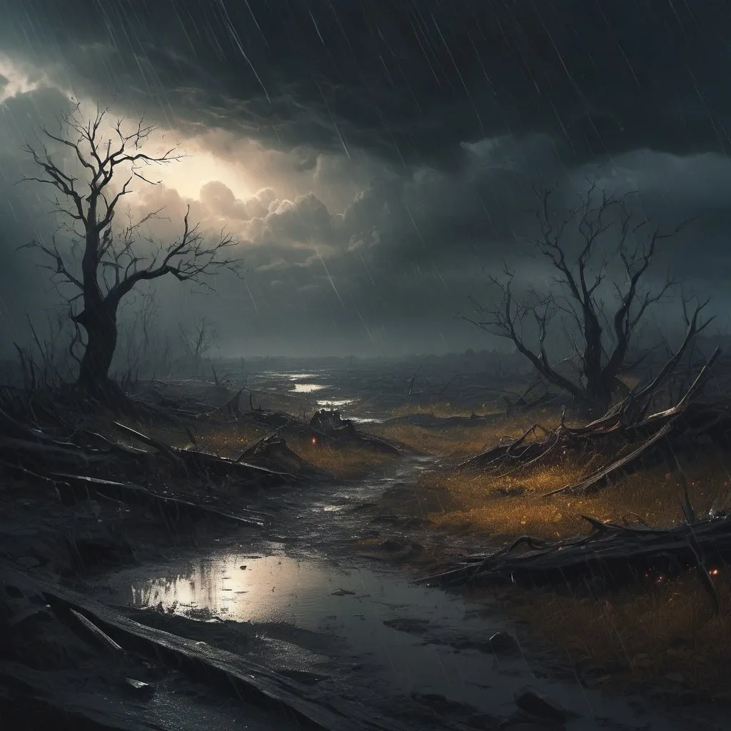 Prompt: Melancholic fantasy landscape, transition from light to darkness, symbolic representation of lost love, emotional turmoil, tears turning into rain, shattered illusions, desolate atmosphere, poetic inspiration, digital painting, intricate details, surreal elements, contrasting color palette of light and dark shades, dramatic lighting effects, evocative and haunting ambiance, no specific artist, Artstation.