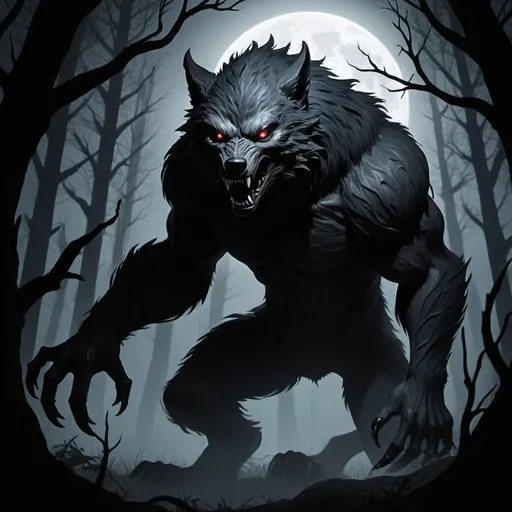 Prompt: Under the pale moonlight, a scene unfolds in the deep, dense forest. A massive werewolf, towering and fearsome, its fur a blend of midnight black and silver, eyes glowing with an eerie intensity. The creature's claws are sharp as obsidian, its howl echoing through the trees. Envision the moon casting long shadows, illuminating the creature's silhouette against the twisted branches.

Keywords Prompt Area:
Dark fantasy, werewolf, moonlit forest, ominous atmosphere, towering and fearsome, midnight black fur, silver accents, glowing eyes, sharp obsidian claws, haunting howl, eerie intensity, deep, dense forest, pale moonlight, twisted branches, long shadows, ominous silhouette.