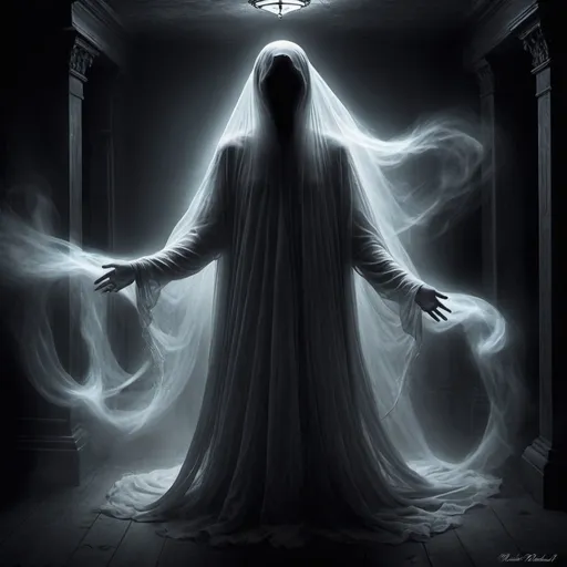 Prompt: Ethereal spectre in a haunting melody, ghostly figure, mysterious aura, dark and enigmatic, spectral whispers, ethereal essence, ghostly apparition, spectral mist, hidden secrets, haunting presence, cryptic shadows, enigmatic entity, spectral glow, ghostly figure in the dark, surreal atmosphere, spiritual resonance, enigmatic lyrics, haunting song inspiration, deep emotions, digital art, dark and moody color palette, dramatic lighting, mysterious and ghostly vibe. 
