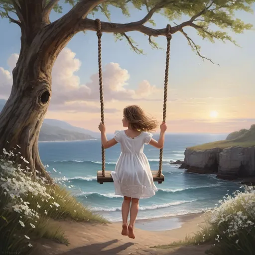 Prompt: Cliffs overlooking the seaside, dynamic waves crashing, rustic wooden fence lining the cliff edge, expansive ocean view with a distant horizon, sky painted with the colors of dawn, a solitary tree standing prominently with thick, twisting branches, a weathered swing gently swaying, an innocent child with ringlet hair and sparkling gray eyes, dressed in a flowing white homespun dress adorned with little white flowers, wild blooms scattered around, a charming woven rope swing hanging from a sturdy branch, capturing a moment of pure joy and innocence, detailed illustration blending realism with a touch of fantasy, vibrant and bright color palette bringing the scene to life, warm and inviting lighting enhancing the emotional connection, available on Artstation. Oil on canvas, digital art