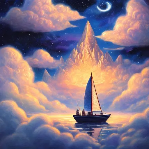 Prompt: a fantasy painting of a small fantasy futuristic boat sailing through the clouds in the night sky