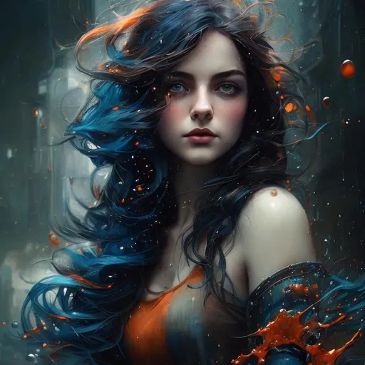 Prompt: Blue and orange stunning Waterhouse young woman with massive hair and dark eyes, black and red and white, splash_art, Karla_Gerard, Paul_Barson, Lucy_Grossmith, whimsical, Peter_Coehlo, detailed background, dramatic effect, moody, cinematic lighting, perfect composition, beautiful detailed intricate insanely detailed octane render trending on artstation, 8 k artistic photography, photorealistic concept art, soft natural volumetric cinematic perfect light, chiaroscuro, award - winning photograph, masterpiece, oil on canvas, raphael, caravaggio, greg rutkowski, beeple, beksinski, giger