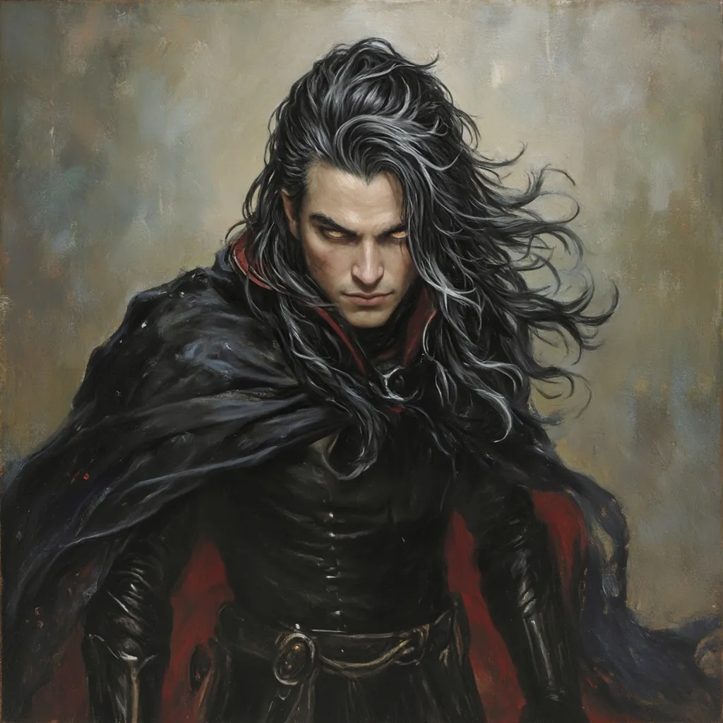 Prompt: (villain warrior wizard portrait), powerful and handsome features, long black hair with gray and white streaks, dynamic cape flowing, captivating evil twinkle in eyes, fantasy-inspired boots, strong tall stature, detailed expression, (epic atmosphere), richly saturated colors, mastery of oil painting techniques, dramatic lighting enhances heroic presence, mystical background elements complement the character.