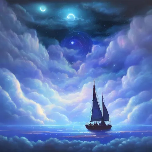 Prompt: a fantasy painting of a small fantasy futuristic boat sailing through the clouds in the night sky