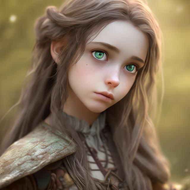 Prompt: There is a fantasy young woman/girl, beautiful, with a piercing gaze, she has a distant, almost dreamy look, a little distainful, she has striking green eyes and brown hair. she is dressed in a fantasy common traveler's outfit. small eyes, small lips, no makeup. photorealistic. Tan skin. Small eyes, realistic