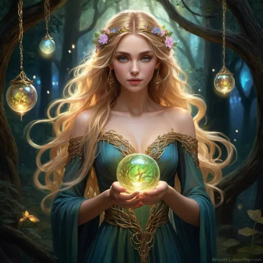 Prompt: Enchanting fantasy maiden with elvish features, pointed ears, captivating gold eyes, flowing brown golden blonde hair, long and wavy, delicate hands holding a swirling orb in golden, blue, pink, and green hues. Dark, shadowy forest backdrop illuminated by the light, revealing glowing lights fluttering around. Tangled locks cascading around her shoulders, adorned with charms, multiple bracelets, and a modest gown ethereal dress of leaves and flowers. Exuding an impish aura, reminiscent of a storybook illustration, set in the nighttime ambiance. Fantasy painting, image, digital art, beautiful, elegant, stunning