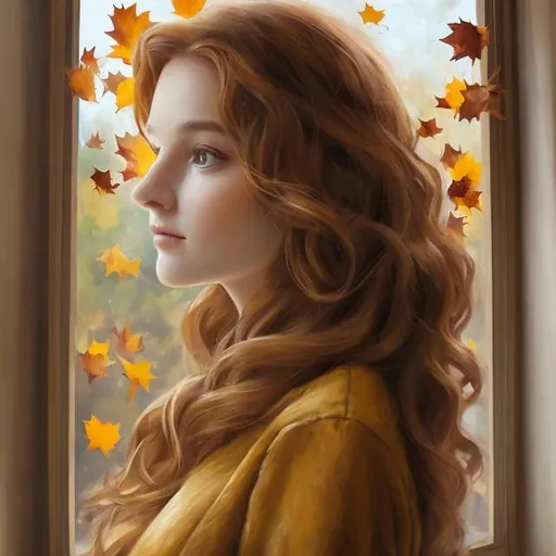 Prompt: Window on the Autumn - this beautiful lady has wavy chestnut hair cascading down her shoulders and she is looking through the window, there is wind inside and autumn leaves flowing around her, her features are soft, she is innocent and elegant and tender, with expressive eyes that hold a hint of mystery, her graceful posture exudes confidence and charm, oil painting style of Carne Griffiths and Wadim Kashin and Pino Daeni and Jeremy Mann and Greg Rutkowski and Constantin Razumov and Vladimir Volegov, realistic and romantic, (* adapted from a prompt by "Mojo Art" *)