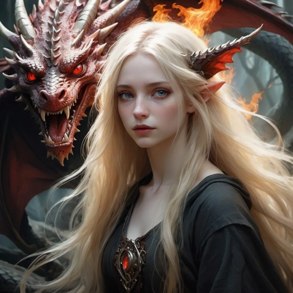 Prompt: Beautiful serene girl, pale skin, dark eyes, long flowing blonde hair, dragon's face, red eye, black and red scales, fangs, fire, split screen, epic, romantic, fantasy, ethereal, digital painting, oil on canvas, detailed features, intense expressions, magical ambiance, contrasting emotions, mystical lighting, by a blend of Brian Froud and Yoshitaka Amano, Artstation.