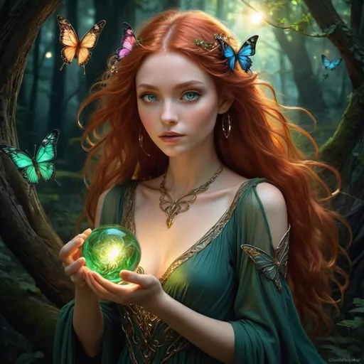 Prompt: Enchanting fantasy maiden with elvish features, pointed ears, captivating green eyes, flowing red hair, long and wavy, delicate hands holding a swirling orb in golden, blue, pink, and green hues. Dark, shadowy forest backdrop illuminated by the orb's light, revealing glowing pixies with butterfly wings fluttering around. Tangled locks cascading around her shoulders, adorned with charms, multiple bracelets, and a green dress matching her eyes. Exuding an impish aura, reminiscent of a storybook illustration, set in the nighttime ambiance.