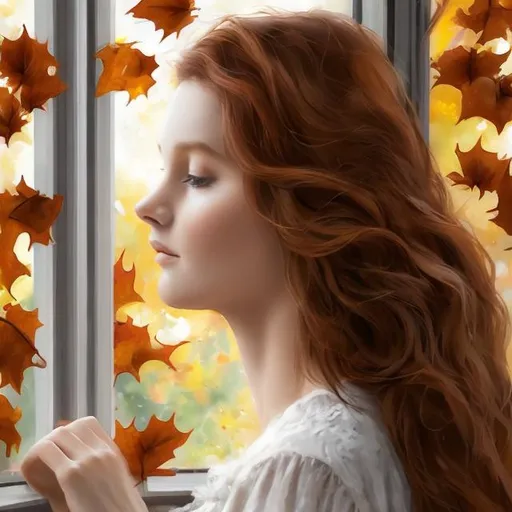 Prompt: Window on the Autumn - this beautiful lady has wavy chestnut hair cascading down her shoulders and she is looking through the window, there is wind inside and autumn leaves flowing around her, her features are soft, she is innocent and elegant and tender, with expressive eyes that hold a hint of mystery, her graceful posture exudes confidence and charm, oil painting style of Carne Griffiths and Wadim Kashin and Pino Daeni and Jeremy Mann and Greg Rutkowski and Constantin Razumov and Vladimir Volegov, realistic and romantic, (* adapted from a prompt by "Mojo Art" *)