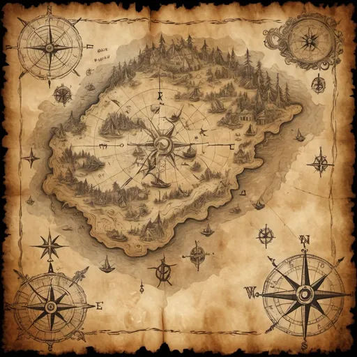 Prompt: Ancient parchment treasure map, intricate illustrations, faded edges, detailed compass rose, marked trail from Blackwater Cove to Pirate's hideout, Mythical Forest, Ruin, hidden symbols, sea monsters in the waters, mysterious fog, moonlit sky, aged paper texture, hand-drawn style, fantasy elements, sepia tones, aged and weathered appearance, intricate cartography.