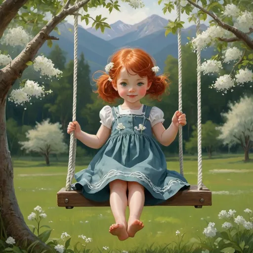 Prompt: There is a lovely, serene, peaceful, feeling evoking landscape. In the middle of this lovely valley of lush green grass, runs a river. A white picket fence lines the yard and the dark shapes of gorgeous blue and gray hues outline the shapes of mountains on the horizons, hemmed by the sky that is as light and beautiful as dawn. There is a tree in the center of the yard, with lush leaves and thick, strong branches. A swing hangs from a high branch, the little seat possessed by a lovely, innocent, sweet, serene child, her hair in pigtails and her green eyes sparkling from under her bangs as she swings. Her little blue cotton dress is cute. The tree is adorned with little white flowers and buds and blossoms and blooms, and one such bloom adorns the child’s red hair, the ropes of the swings are made of woven rope and leaves and lilies. White flowers  are woven in the ropes of the swing. Joyful delightful, emotion evoking.