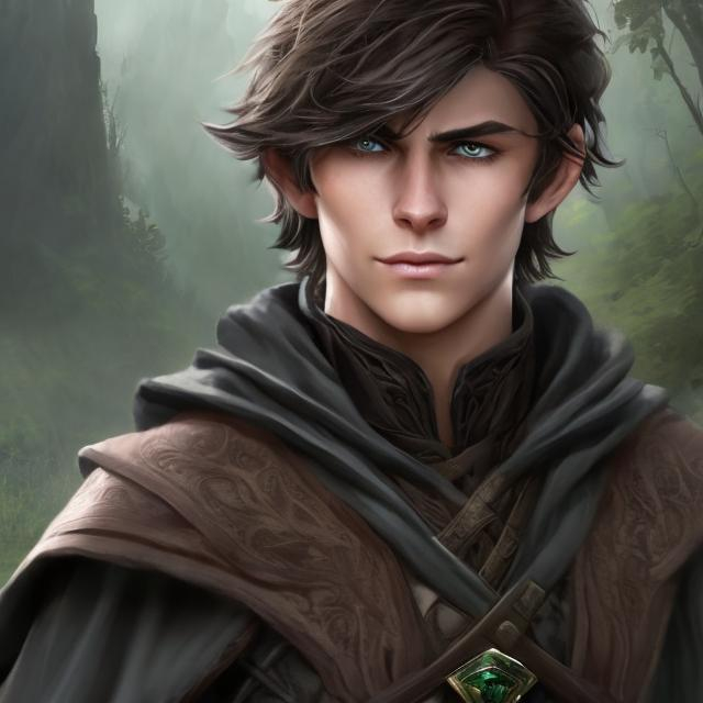 Prompt: There is a fantasy young man, handsome, with a square, masculine jaw and a determined look on his face, he has green eyes and medium length brown hair, that covers one eye. He looks serious, cautious. He is dressed in a fantasy ranger cloak. His hair comes down over his eyes. Photorealistic, hyperrealistic.