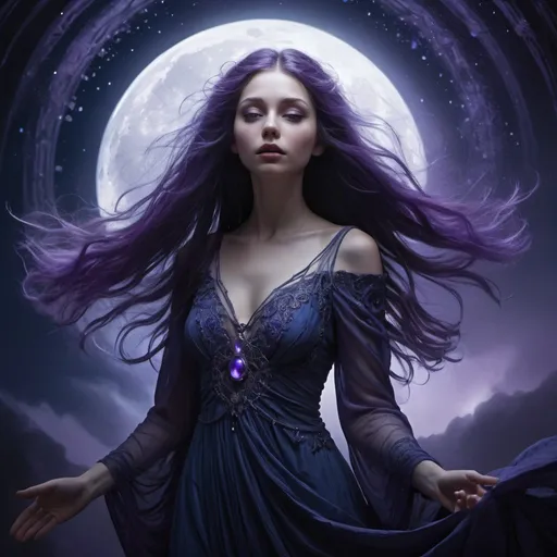 Prompt:  evocative storytelling, digital art, intricate details, deep blues, purples, blacks, dramatic lighting. Pale fantasy maiden, standing in the midst of a ray of moonbeams, with her hair swirling down around her. She is stunning. 