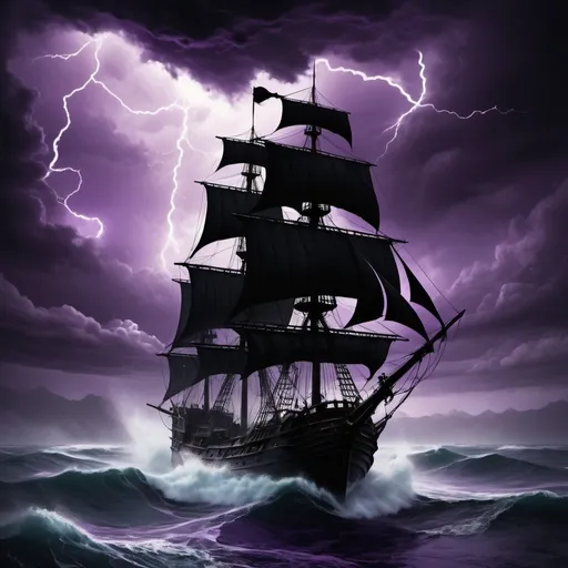 Prompt: Majestic stormy seascape, tumultuous ocean waves, dramatic ship sailing, fierce storm clouds, lightning strikes, thunder rumble, mysterious atmosphere, dark and ominous skies, pirate ship silhouette, billowing black sails, purple flag fluttering, devil's ship "Soul Desert", supernatural elements, devil figure on deck, albatross perched, fantasy concept art, detailed illustration, high contrast colors, dynamic composition, eerie purple and black color scheme, dramatic lighting effects.