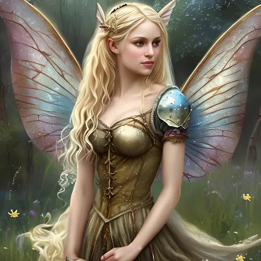 Prompt: medieval fairy with a modest dress blond hair beautiful
epic romantic
unrealistic painting