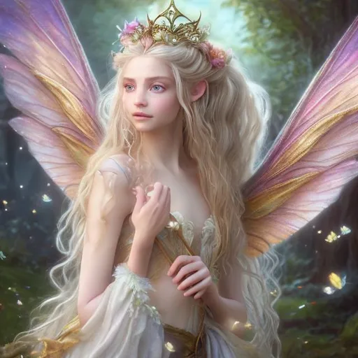 Prompt: A fantasy photorealistic painting of an ethereal fairy, nymph, pixie, modestly dressed, beautiful, enchanting, magical image. She has long, flowing blonde hair, small golden eyes. A skirt made of flower petals. Long, colorful wings. mature, wise looking. Queenly. Swashbuckle style, pirate fairy queen. 