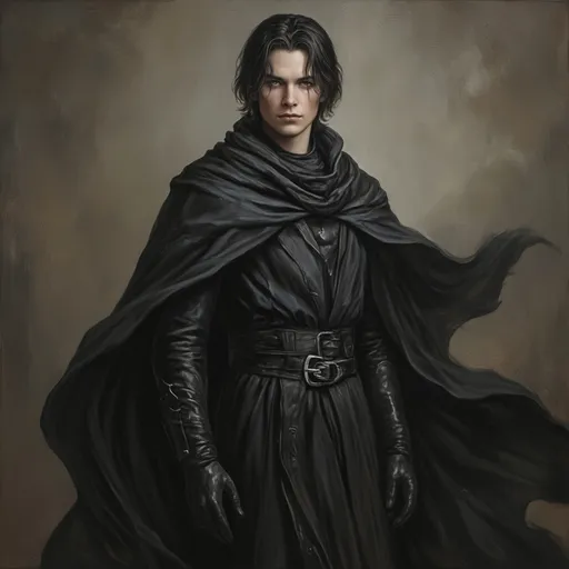 Prompt: Main Character (young wizard), (beautiful portrait oil painting), light skin, sharp features, (sharp eyes), (defined sharp jawline), dark hair (medium to long length), wearing all dark colors, flowing cloak billowing behind him, gloves, (epic fantasy atmosphere), intricate details in fabric and texture, dramatic lighting casting shadows, ultra-detailed, evocative mood, handsome.