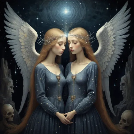 Prompt: Sisters under a starlit sky, hearts intertwined with constellations, descending into abyssal depths, wings adorned with tears of angels, ethereal glow, celestial pathway, cosmic journey, lost souls seeking solace, blindfolded sister guided by spectral light, torva essence, mystical realm, haunting beauty, intricate details, surreal atmosphere, dark and light contrasts, emotional depth, by Remedios Varo and Odilon Redon, Artstation.  Try
