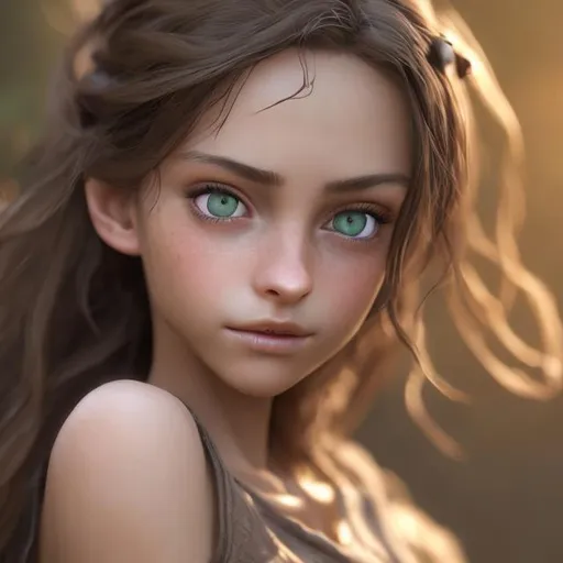 Prompt: There is a fantasy young woman/older girl, beautiful, with a piercing gaze, she has a distant, almost dreamy look, a little disdainful, she has striking green eyes and brown hair. small eyes, small lips, no makeup. photorealistic. Tan skin. Small eyes, realistic